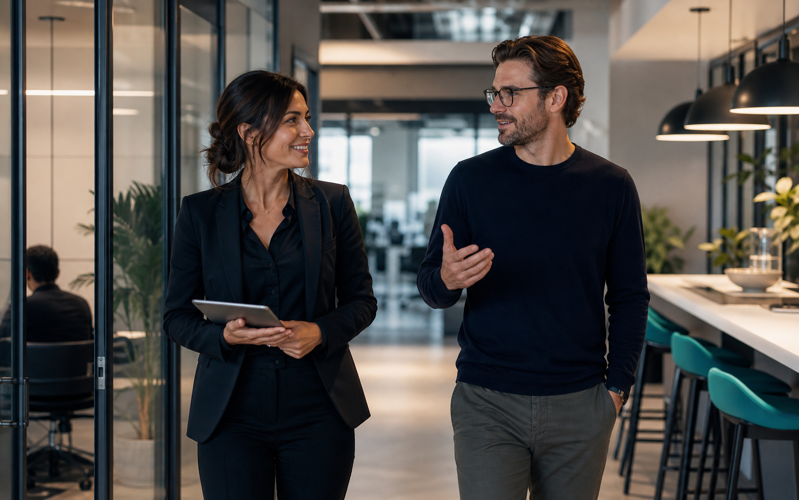 Two consultants walking through a modern office